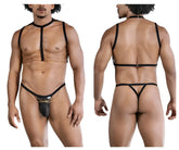 Black leather thong with gold chain detailing and adjustable straps from candyman 99818 two piece outfit in black