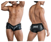 Black shiny faux leather men’s briefs candyMan 99820 side-tie trunks with lace-up sides and silver eyelets