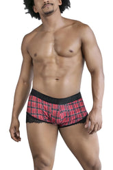 Red and black plaid candy man 99821 back to school trunks with lace trim boxer briefs shown from the back side