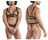 Black strappy harness-style lingerie set with adjustable straps and metallic buckles candy man 99822 two piece outfit