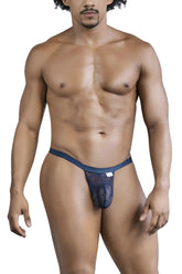 Dark blue CandyMan 99823 lace thong with subtle leaf pattern and solid waistband showing front side details