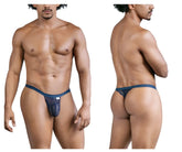 Navy blue CandyMan 99823 lace thong with subtle pattern and solid waistband shown from the back side