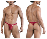 CandyMan 99823 lace thong in wine color with solid waistband and intricate lace pattern shown from front