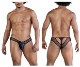Black mesh thong candyMan 99826 with shiny glossy front panel and cutout design in color black fishnet material