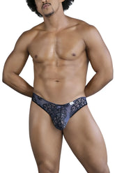 Dark blue lace-trimmed men’s briefs with intricate floral pattern candy man 99830 lace briefs black-navy color