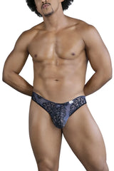 Dark blue lace-trimmed men’s briefs with intricate floral pattern candy man 99830 lace briefs black-navy color