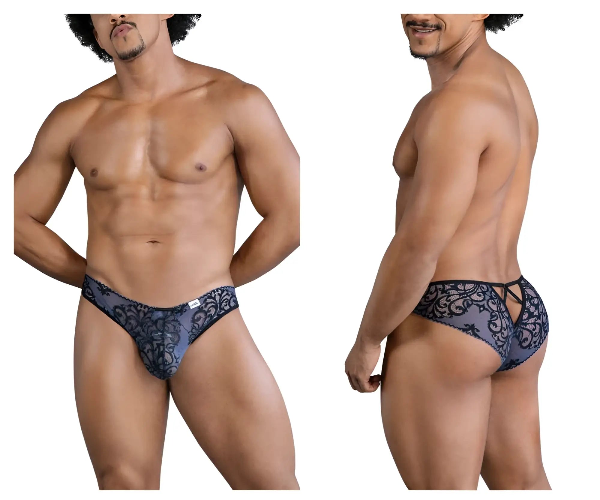 Dark blue lace-trimmed mens briefs with back tie design candyMan 99830 lace briefs black-navy shown from back side