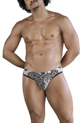 CandyMan 99830 lace briefs black lace thong with intricate floral patterns and white elastic waistband in nude-black color