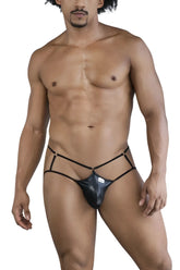 Black shiny faux leather candyMan 99831 cage jockstrap with thin straps and gold-tone hardware in front view