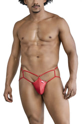 Red satin thong candy man 99831 cage jockstrap with crisscross straps and central metal ring in red