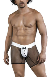 Black CandyMan 99834 tuxedo trunks boxer briefs with mesh fabric and white tuxedo-style front panel with bow tie