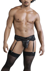 Black lace suspenders with sheer mesh design and decorative trim from CandyMan 99837 lace-garter outfit color black