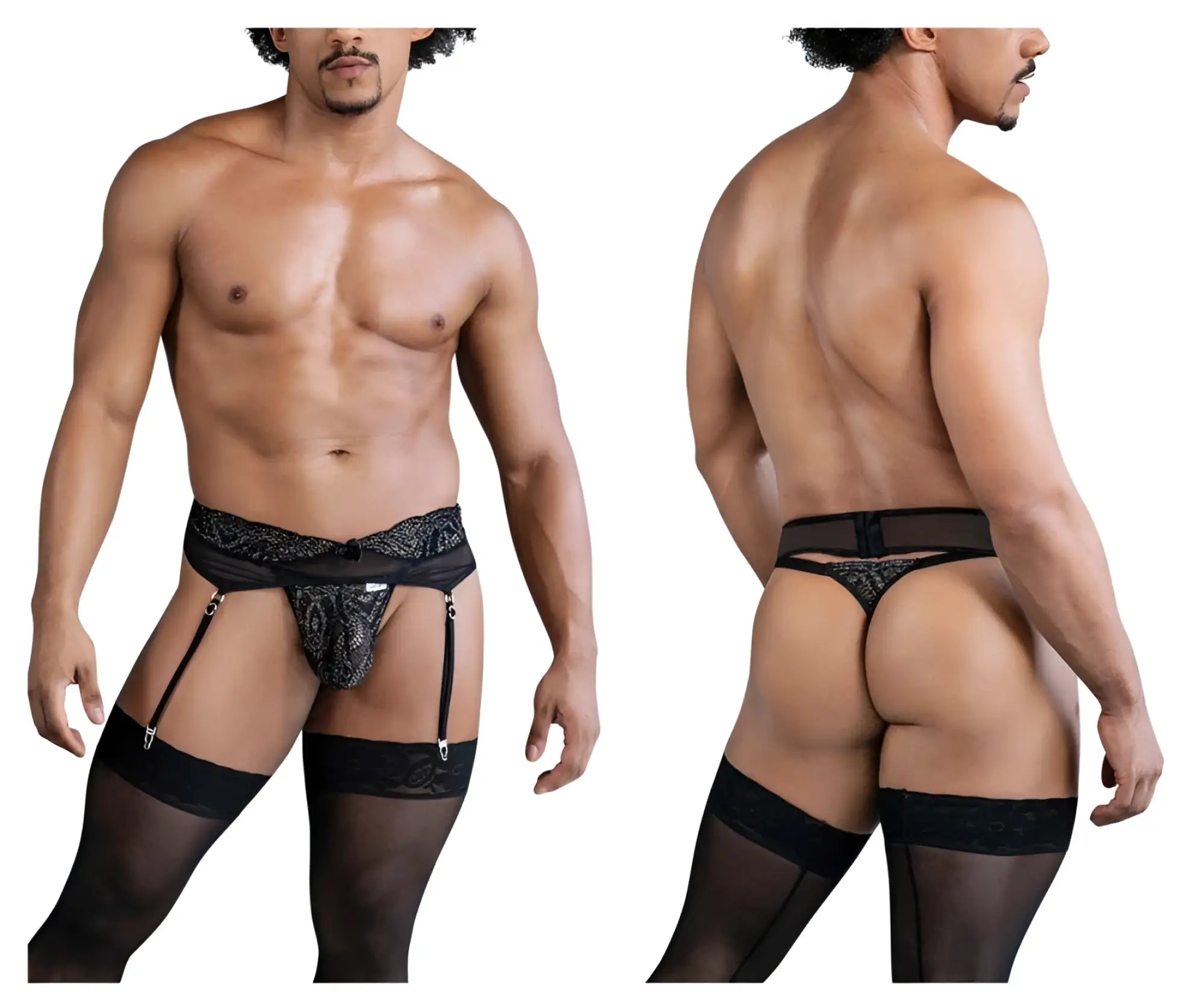 Black lace thong with matching garter belt and sheer stockings from CandyMan 99837 lace-garter outfit black
