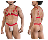 Red candyMan 99838 two piece outfit featuring a strappy harness-style thong with a white sheer front panel