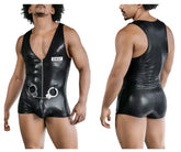 Black shiny vinyl swat-themed CandyMan 99844 police bodysuit with front zipper and handcuffs on waistband