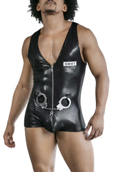 Black shiny vinyl CandyMan 99844 police bodysuit with zipper front and silver handcuffs detail