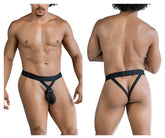 Black nylon CandyMan 99847 mesh thong with central pouch and crisscross back straps shown from the back side