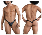 Black shiny latex thong bikini with a small white side tag from CandyMan model 99848 in color black