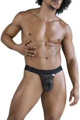 Black lace thong Candyman 99849 with sheer mesh front and intricate diamond-patterned design in black