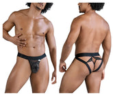 Black candyMan 99849 lace-mesh thongs men’s briefs with sheer mesh front and adjustable side straps