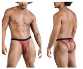 Rust-colored lace briefs with black elastic waistband and back tie candyMan 99853 lace jockstrap black-terracotta view from back