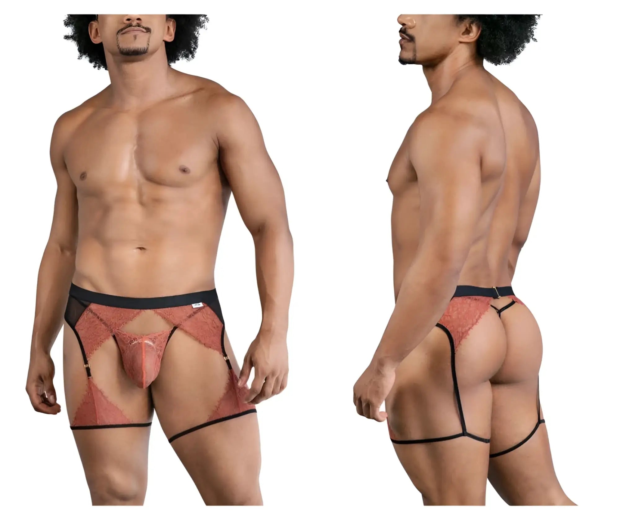 Candyman 99854 lace-garter outfit rust-colored lace men’s briefs with black trim and garter straps front view