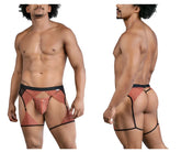 Candyman 99854 lace-garter outfit rust-colored lace men’s briefs with black trim and garter straps front view