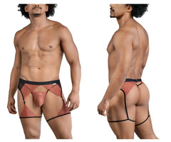 Candyman 99854 lace-garter outfit rust-colored lace men’s briefs with black trim and garter straps front view