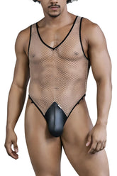CandyMan 99858 fishnet bodysuit in beige-black with black mesh and solid faux leather front panel