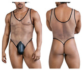 CandyMan 99858 fishnet bodysuit in beige and black with black mesh and solid black padded crotch panel