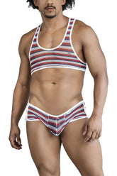 Red white and navy blue striped mesh tank top with racerback design from candyman 99859 two piece outfit color stripes