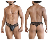 Black mesh and satin candyMan 99860 fishnet thongs with sleek form-fitting design front view
