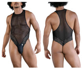 CandyMan 99864 black sheer mesh bodysuit with lace trim and solid black thong showing back side