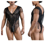 Black lace-mesh bodysuit with fringe detailing in black from CandyMan, style 99865, elegant and stylish design