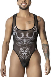 Black sheer one-piece bodysuit candyMan 99869 with white intricate zodiac and serpent design in black and white