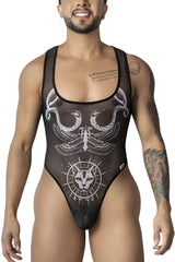 Black sheer one-piece bodysuit candyMan 99869 with white intricate zodiac and serpent design in black and white