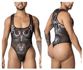 Black sheer CandyMan 99869 Egyptian bodysuit with white winged serpent and cat zodiac designs
