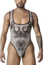 Gray mesh one-piece candyMan 99869 bodysuit with black inked egyptian zodiac and mythological creature design in nude-black