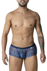 CandyMan 99873 seawater trunks multicolor print blue and purple abstract briefs with navy elastic waistband
