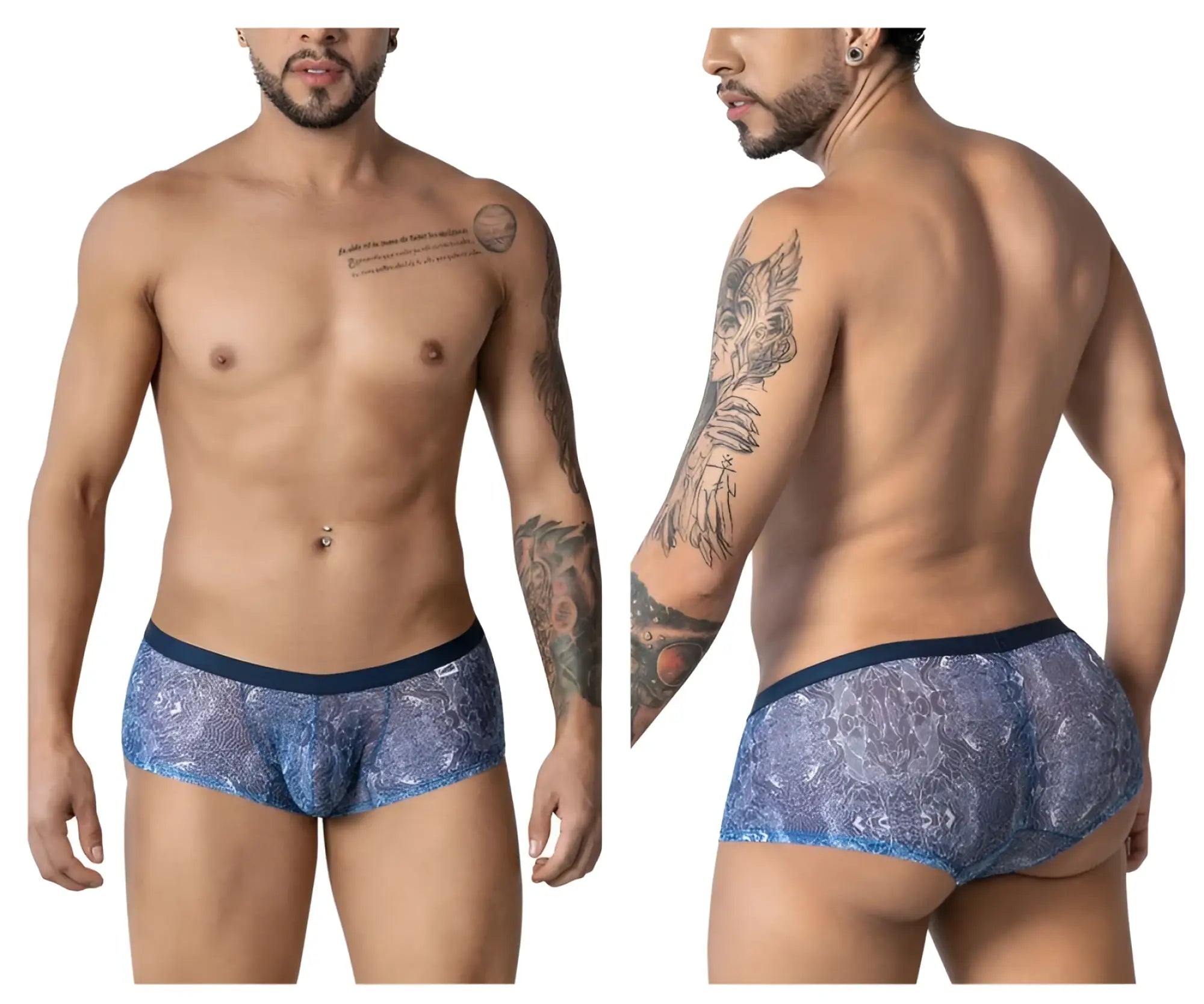 CandyMan 99873 blue-white men’s trunks with blue lace pattern and solid navy waistband