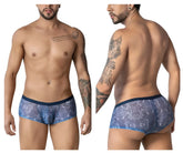 CandyMan 99873 blue-white men’s trunks with blue lace pattern and solid navy waistband