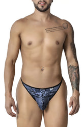 Candyman 99875 egyptian thongs in gray black featuring blue and black geometric patterned men’s briefs design