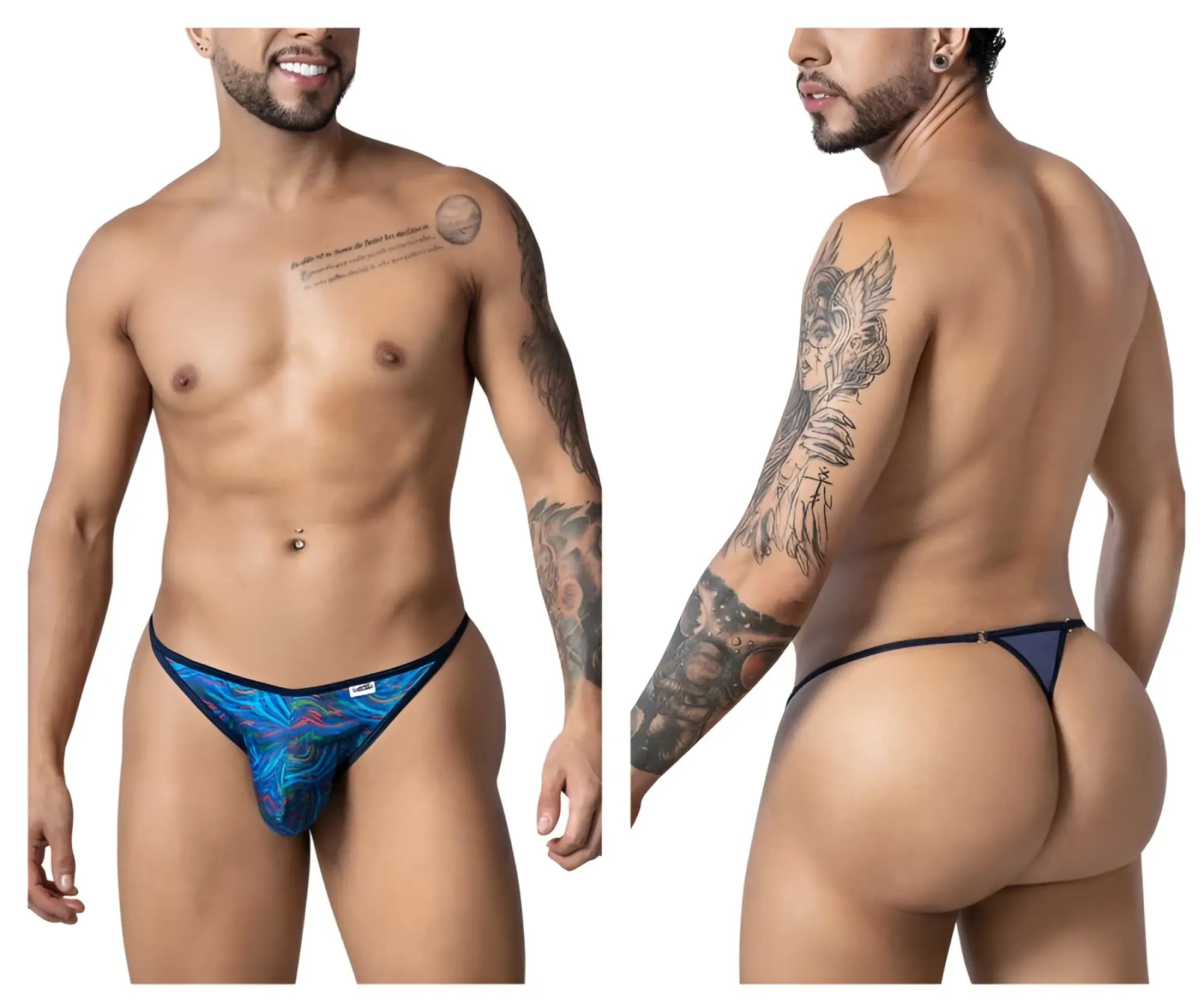 Blue patterned CandyMan 99875 Seawater thong with black trim featuring multicolor print for swimwear use