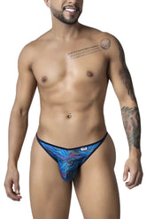CandyMan 99875 seawater thong with blue and purple abstract pattern and black trim in multicolor print