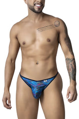 CandyMan 99875 seawater thong with blue and purple abstract pattern and black trim in multicolor print