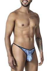 Blue-white candyman 99875 thong with blue patterned fabric and dark blue trim showing front side view