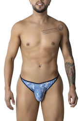 CandyMan 99875 blue white thong with water print pattern and navy trim showing front view