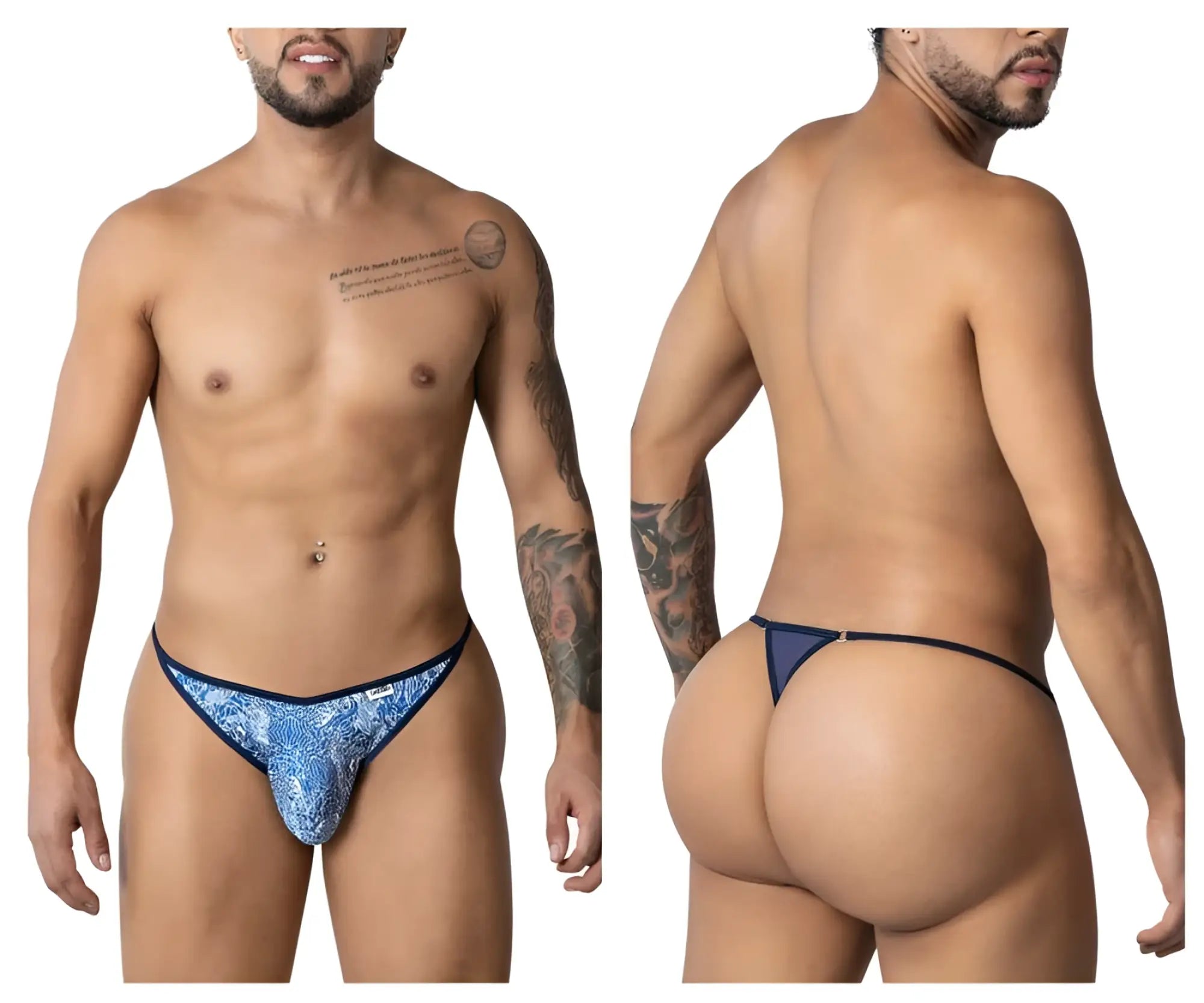 Blue patterned thong with navy trim from candyman 99875 water prints collection in blue and white colors