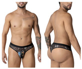 Black sheer briefs CandyMan 99885 with cosmic moons stars and blue white skull design in black and white color