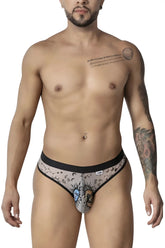 Black and gray patterned mens briefs with celestial sun and moon designs and a black elastic waistband by candyman